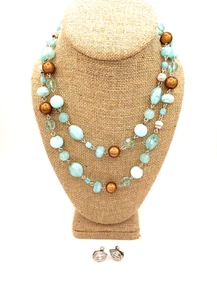 Vintage Acrylic Blue & Copper Color 34" Necklace & Vintage Screw Back Earrings - Picture 1 of 11