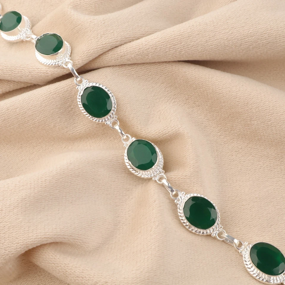Pulsera hecha a mano ónix verde piedras preciosas naturales pulsera de plata de ley 925 Foto 1 de 4
