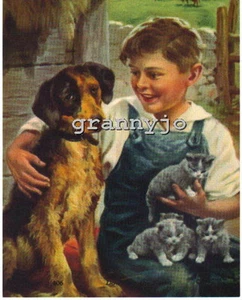 Litografía de arte calendario 1930, estampado en la granja # 406 niño perro gatitos - Imagen 1 de 1