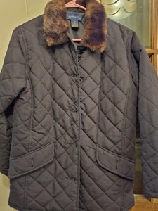 Charter Club Ladies Black Quilted Coat w/ Fur Collar. Sz Med - Picture 1 of 6