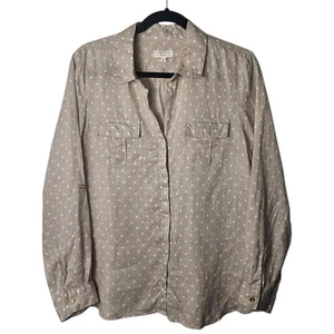 Charter Club L 100% Linen Button Up Shirt Long Roll Tab Sleeve Beige Polka Dot - Picture 1 of 9