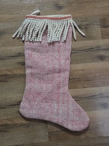 Calza natalizia grossa beige rossa maglia chevon con frange lingotti polsino 18x8" - Foto 1 di 6