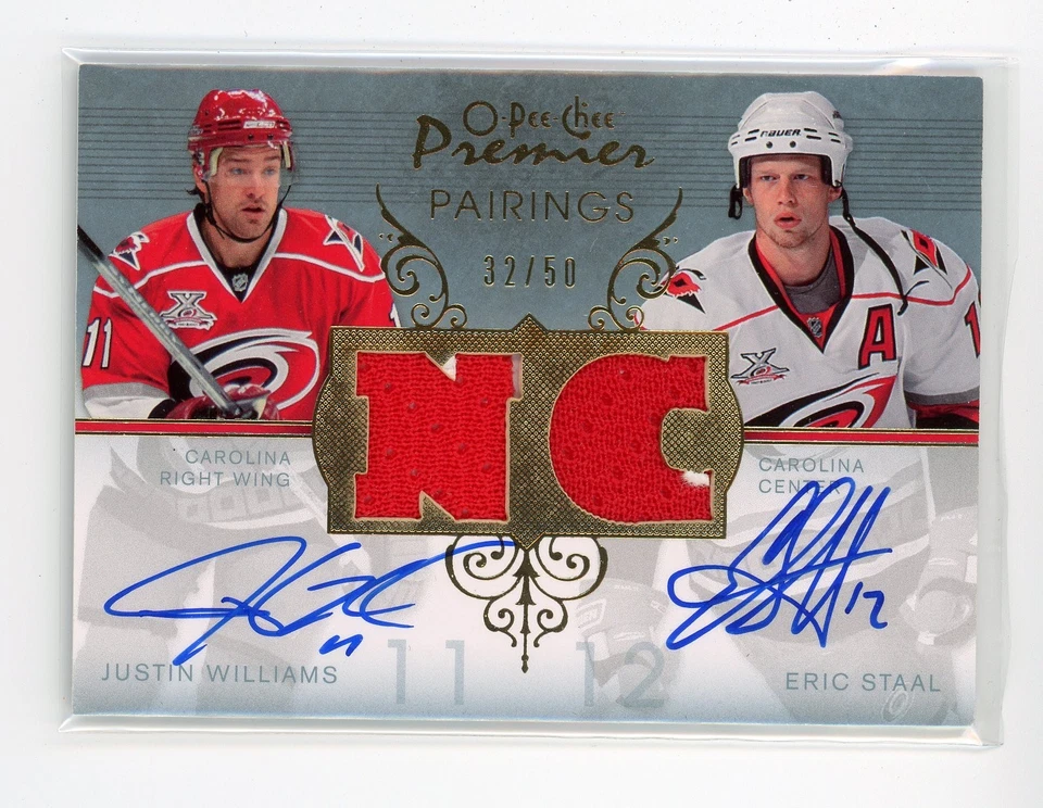2007-08 O-Pee-Chee Premier Parings Dual Jersey Auto /50 J. Williams Eric Staal - Image 1 of 1