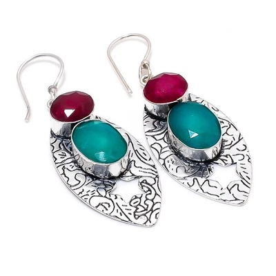 Greensimulated, Rosso Giada Gemma 925 Sterling Argento Gioielli Orecchino - Immagine 1 di 4