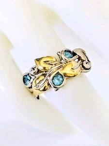 BARBARA BIXBY 18k Yellow Gold + Sterling Swiss Blue Topaz Vine & Leaf Ring 8.5 - Picture 1 of 12