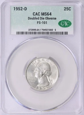 1952 D Washington Quarter DDO FS 101 CACG MS64 CAC NGC Double Die RARE - Image 1 of 3
