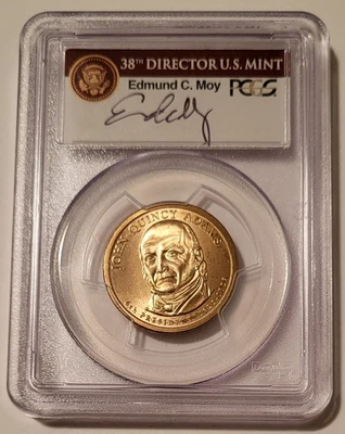 PCGS 2008 John Q Adams Presidential Dollar Error Missing Lettering SF SP67 Moy - Image 1 of 2