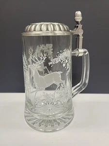 Vintage Etched Glass Deer Beer Stein Mug Pewter Lid Made In Germany - Picture 1 of 6