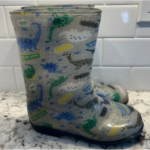 Dinosaur Rain Boots Kids Size 2 Gray Blue Green Roar-Some Yay - Picture 1 of 4