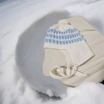 Винтажный ребенка ясельного возраста Beanie Cap шляпа Baby Pom Pom Toboggan синий белый галстук ремень 1960-х - Изображение 1 из 4