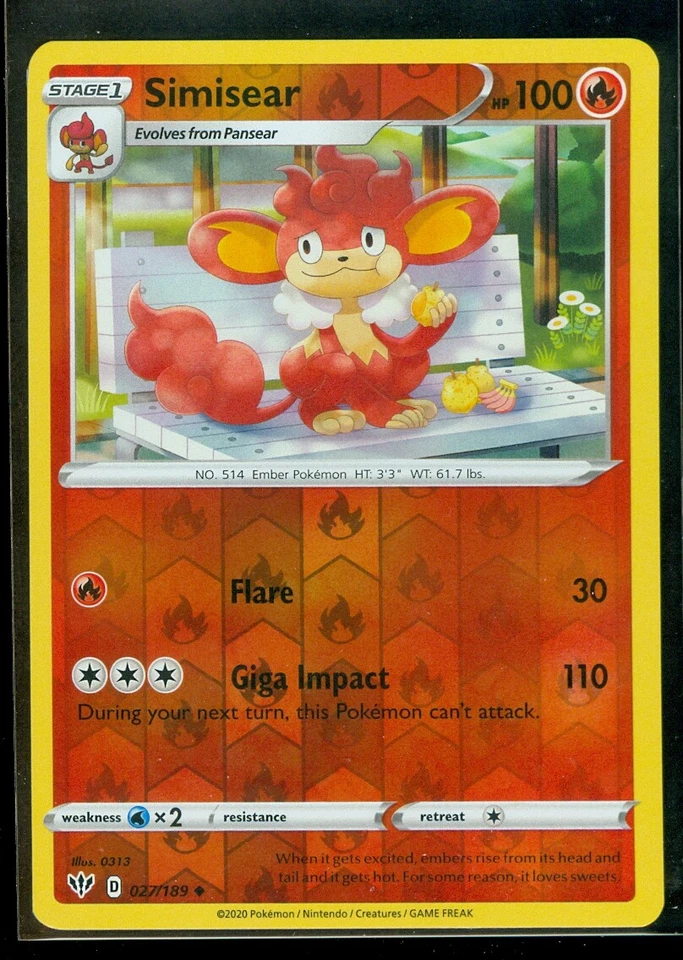 Pokemon SIMISEAR 027/189 Darkness Ablaze - Rev Holo - - MINT - Image 1 of 1