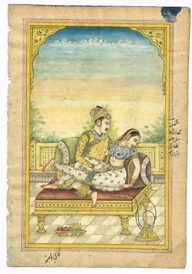 Индийская картина любовная сцена императора и императрицы Великих Моголов на бумаге 5,5 x 7,5 дюймов - Изображение 1 из 4
