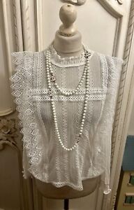 Zara White Lace Frill Victoriana embroidered boho Style Blouse M