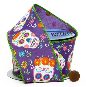 2 1/2" X 10YD Day of The Dead Print On Wired Ribbon Halloween skulls New - Picture 1 of 2
