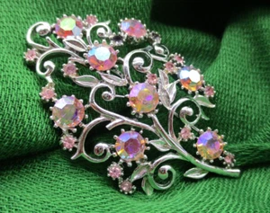 Vintage Silver Tone with AB Rhinestones Large Leaf Shaped Brooch Pin - Picture 1 of 10
