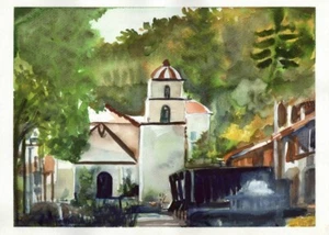San Buenaventura Mission : Sandra Watercolors™ California : ORIGINAL PAINTING - Picture 1 of 2
