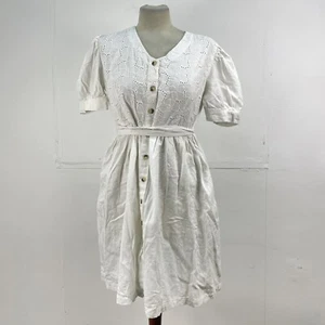Bombay Paisley Womens Tea Dress Size UK M Cotton Linen Embroidery Belted Puff - Picture 1 of 7