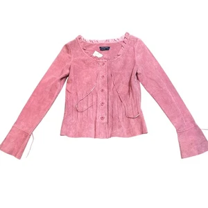 Boston Proper Pink Leather Ruffle Neck Button Front Cropped Jacket Size 4 - Picture 1 of 14