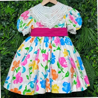 Vintage Dress Girl's 4 Floral Print with Pink Sash & Lace Collar 3171 - Image 1 of 4