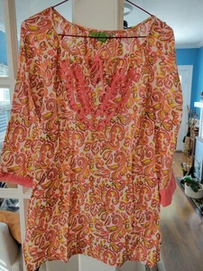 Island Republic Coral V-neck Peach-White Tunic Top Size S - Picture 1 of 4
