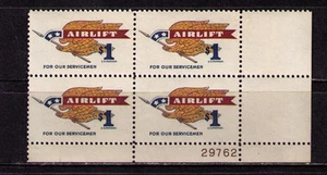 US USA Sc# 1341 MNH FVF Plate# Block Airlift Eagle Spear Pennant Servicemen - Picture 1 of 1