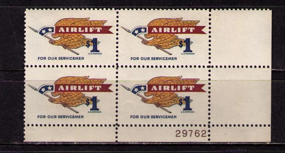 US USA Sc# 1341 MNH FVF Plate# Block Airlift Eagle Spear Pennant Servicemen  - Image 1 of 1