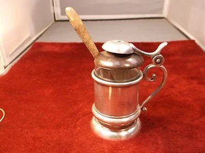 #1 of 2, VERY OLD VTG ANTIQUE SILVER MUG, CRYSTAL GLASS INSERT, MUSTARD SPOON - Picture 1 of 12