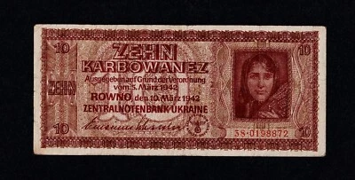 UKRAINE - ROWNO, GERMAN OCCUPATION WWII 10 KARBOWANEZ 1942 P#52 VF - Image 1 of 3