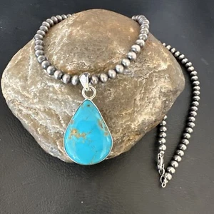 Blue Kingman Turquoise Pendant Navajo Pearls Sterling Silver Necklace 20” 16674 - Picture 1 of 12