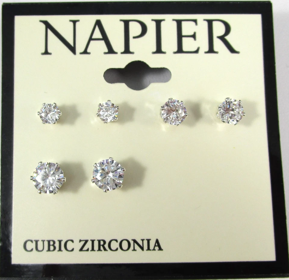 NAPIER 3 Pairs Pierced Earrings Cubic Zirconia Silvertone Stud Post EXC
