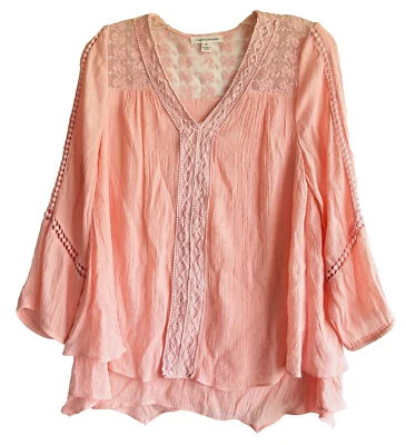 Blusa Top Túnica John Paul Richard Rosa S Crochet Floral Encaje Boho Fluido Ojales Foto 1 de 3