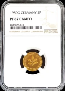 1950 G GERMANY FEDERAL 5 PFENNIG COIN NGC PROOF 67 CAMEO KARLSRUHE MINT - Picture 1 of 2