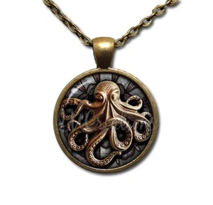 Bronze Octopus Nautical Sea Creature - Handmade ROUND Glass Pendant Necklace - Picture 1 of 10