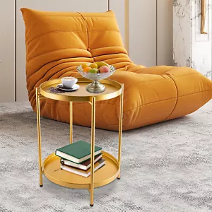 2 Tier Tray Metal End Table, Small Round Side Table Sofa Side Table Round Gold - Picture 1 of 14