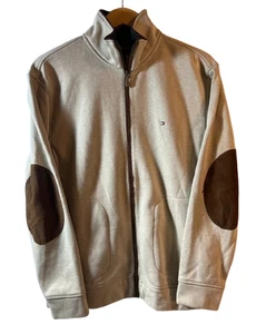 Tommy Hilfiger Mens Full Zip Fleece Jacket Size L Beige Elbow Patch Cotton Blend - Picture 1 of 7