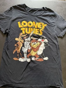 Looney Tunes Shirt Damen Medium Schwarz Kurzarm Baumwolle Cartoon Bugs Taz - Bild 1 von 7