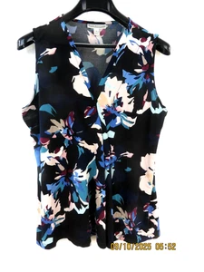 DANA BUCHMAN GR. L Polyes/Spand Navy/Schwarz Plissee V-Ausschnitt Tank Top Bluse Shirt - Bild 1 von 22