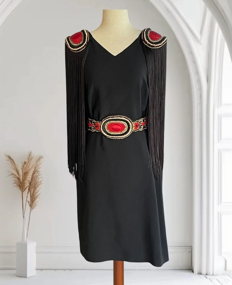 Vestido De Colección La Perla Negro Cuentas Charretera Largo Flecos Escote Espalda Abierta IT 44 US 8 Foto 1 de 4