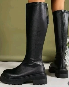 LADIES WOMENS CHUNKY BLOCK HEEL PLATFORM KNEE HIGH ZIP UP BOOTS SIZE 6 - Picture 1 of 16