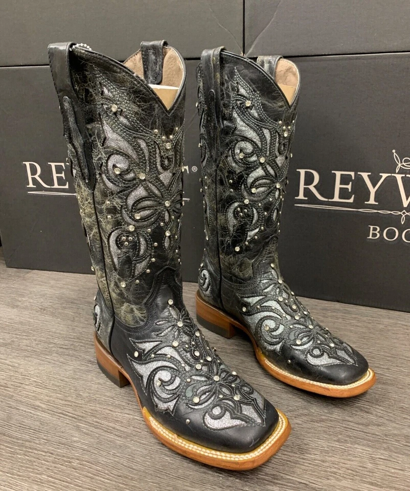 MUJER WESTERN BRILLO INCRUSTACIÓN DIAMANTES DETALLES VAQUERA BOTAS NEGRAS VAQUERAS Foto 1 de 1
