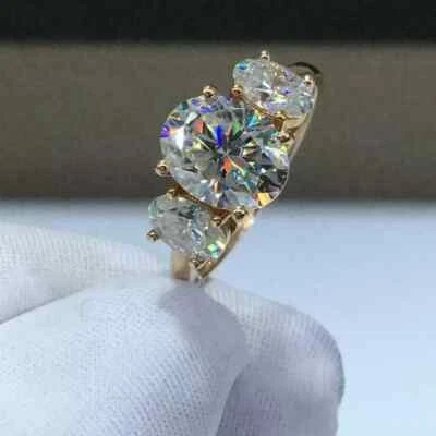 3 Ct Oval Cut VVS1 Moissanite Three Stone Engagement Ring 14K Yellow Gold Plated - Image 1 of 4