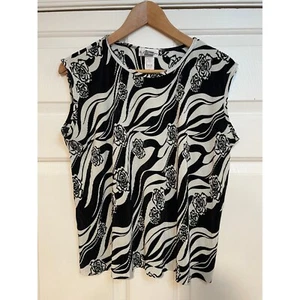 VTG 90s E.K. Designs Graphic Floral Crinkle Boxy Sleeveless Top Black White L - Picture 1 of 5