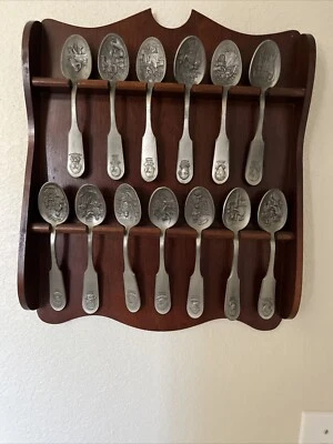 Franklin Mint Bicentennial Set 13 Sculpted Pewter Spoons & Wood Display Case - Image 1 of 2