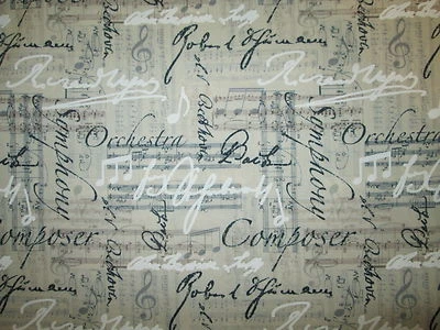 NOTAS MUSICALES LÍNEAS PALABRAS ORQUESTA BACH FONDO LINO TELA ALGODÓN FQ  Foto 1 de 4