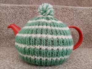 Hand knitted tea cosy, fits small 2 cup teapot, olive green/cream stripes - Picture 1 of 1