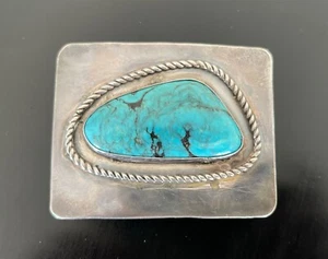Vintage Navajo Turquoise Rope Sterling Silver Belt Buckle - Picture 1 of 6