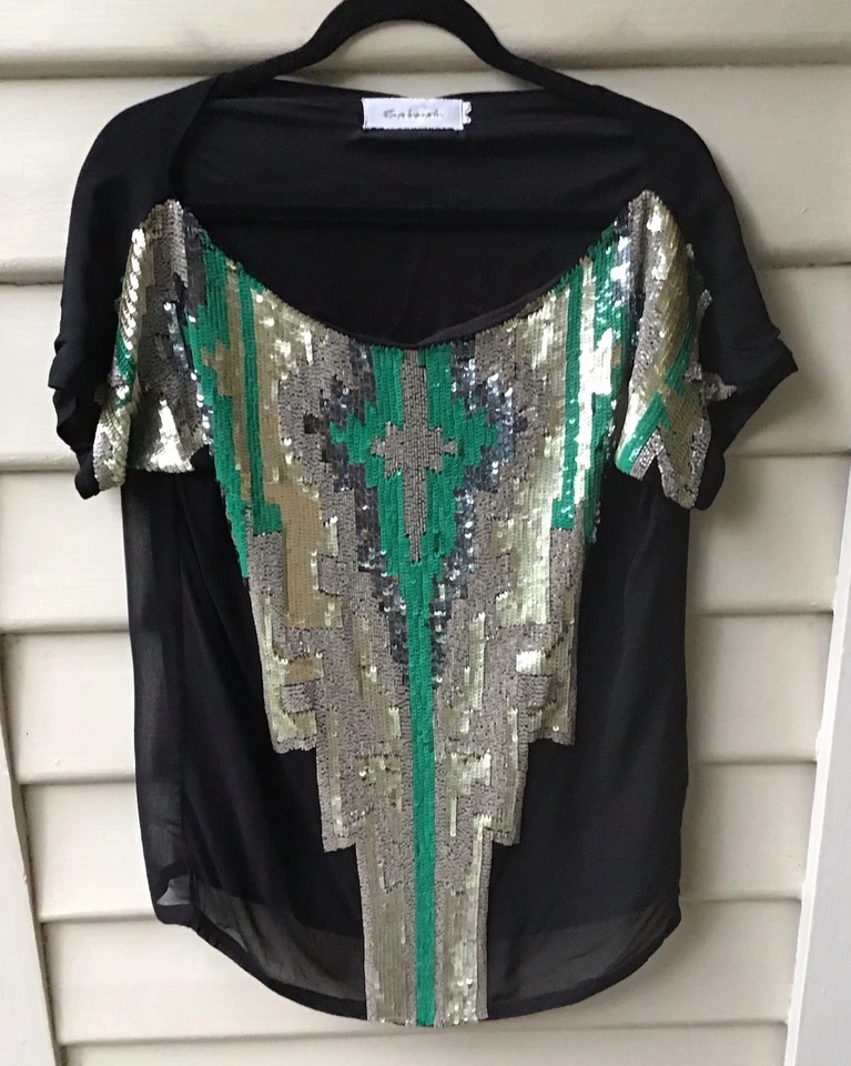 T-Bags Los Angeles Black Top Gold Sequins Est Sz S 10 8 Blouse Lined As New - Image 1 of 4