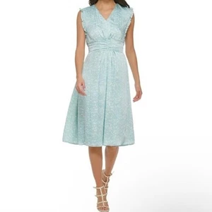 NWT DKNY Sky Blue Floral Midi Dress Women's Size 12 Smocked Silky Puff Sleeve  - Picture 1 of 11