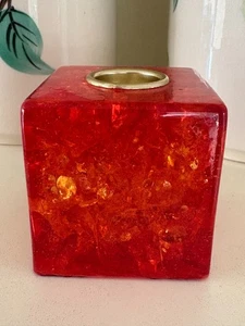 Vintage Retro 1970s Shatterline Cube Candle Holder Orange Red - Picture 1 of 8