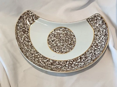1870's Royal Worcester Crescent Serving Plate In Brown Floral & Gold Trim  - Image 1 of 4